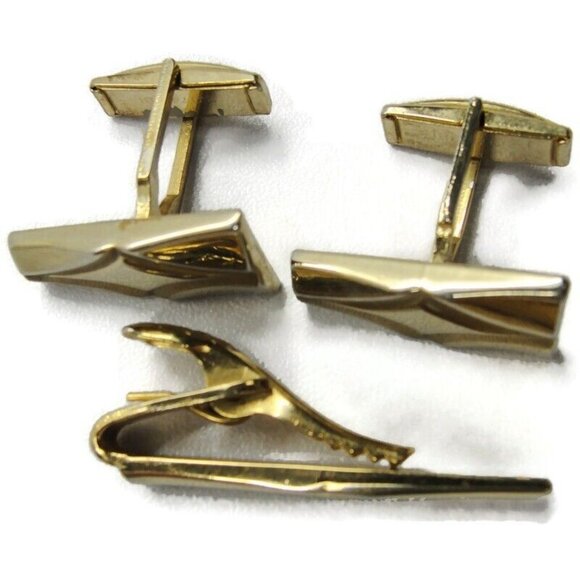 Vintage Rectangle Cufflinks Set Tie Clip Gold Tone Wedding Accessories Pat No - Picture 3 of 9